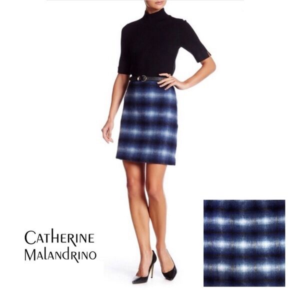 Catherine Malandrino Skirt Blue Wool Blend Brushed Plaid Tartan Size - 8 - Picture 14 of 14
